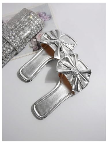 Image of GORGLITTER Women's Gold Sandals Dressy Cute Summer 2026 Bow Square Toe Trendy Beach Boho Wedding Vacation Slides Shoes