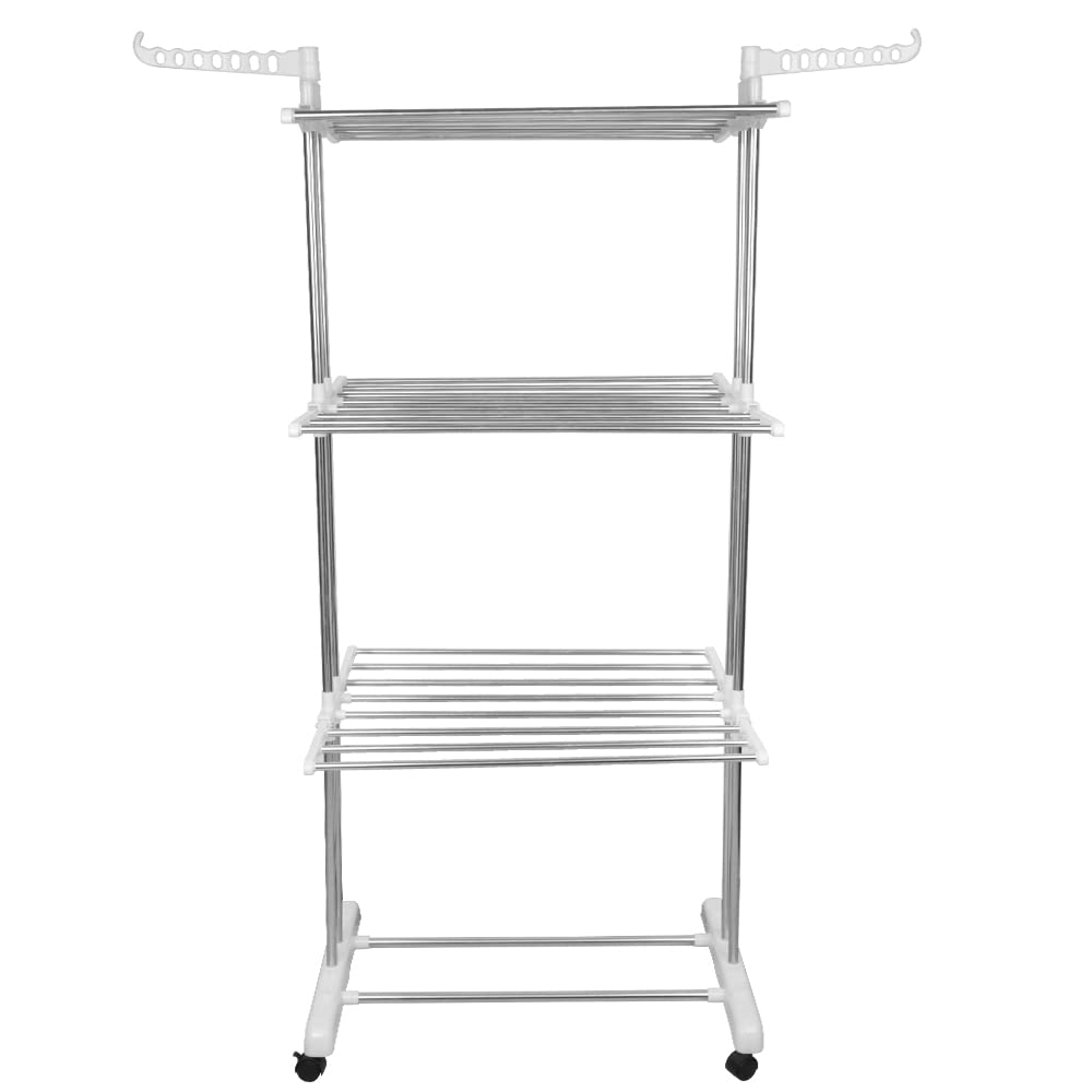 HUOLE Stendino Verticale a Torre, Appendiabiti con Ruote, Stendibiancheria Pieghevole Metallo con 4 Ripiani Regolabili, 3 Livelli,Salvaspazio Stendibiancheria,3 strati - plastica bianca