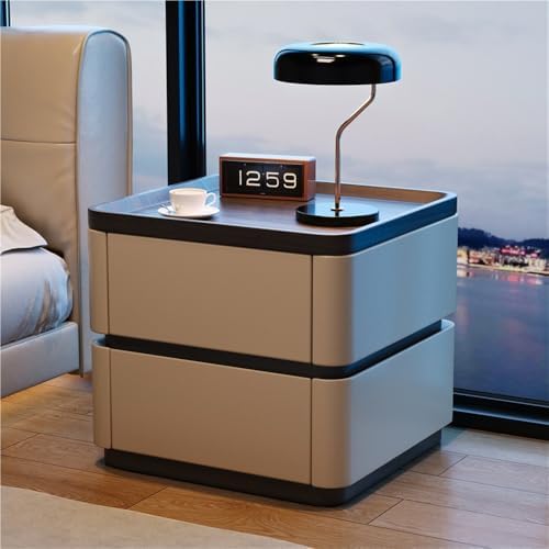 Gray Wooden & Leather Nightstand, 2-Drawer Bedside Table with Hidden Handles for Bedroom & Living Room, 19.7" x 15.7" x 19.7" Stylish Storage Solution