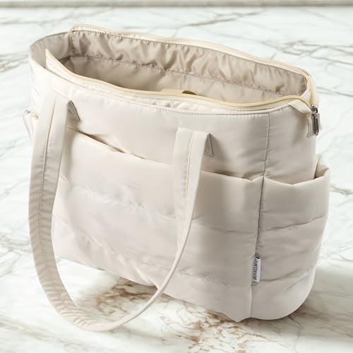 Image of Quilted Puffy Tote Bag for Women | Large Capacity | Soft Nylon Padded Design | Lightweight & Spacious | Ideal for Work, Travel, Shopping (Biege)