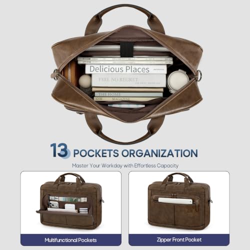 Image of RAINSMORE Messenger Bag For Men 16 Inch Laptop Bag Waterproof PU Leather Briefcase Large Capacity Vintage Satchel Computer for Office Work Business Travel,Brown