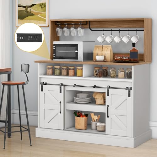 DWVO Farmhouse Buffet Cabinets, 47" Coffee Bar with Goblet Holder & Power Outlet, Sliding Barn Door Sideboard Cabinet for Kitchen & Living Room Storage (White)