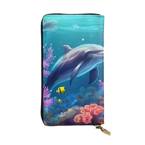 Leather Wallet - Stylish and Durable Wallet for Women with Multiple Compartments and Zipper Design Beautiful Underwater World Dolphins Coral Picture