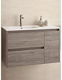 Specchio cm 80 x h 60 ; Yellowshop - Mobile Mobiletto Da Bagno Sospeso In Legno Cm 85 Completo Di Specchiera Lampada Led E Lavabo In Porcellana Arredo Modello Noja 855 Varie Colorazioni (Rovere Eternity)