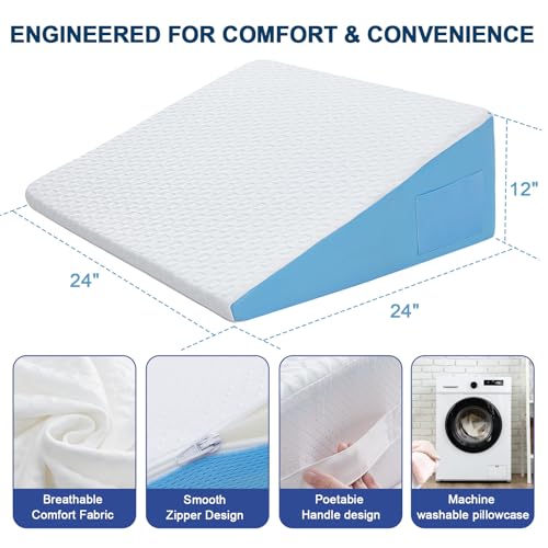 Image of Wedge Pillow for Sleep Apnea, 12 inch Memory Foam Bed Wedge After Surgery | Ergonomic Incline Design Supports the Back and Legs, and Soft, Breathable Fabric Keeps You Comfortable During Rest and Sleep