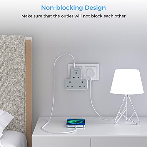 3 Way Plug Adapter UK, TESSAN Multiplug Socket with 3 USB, Wall Plug Extender Adapter - Image 2