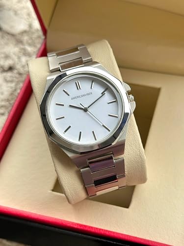 Image of AMERICANVIBER Dual Tone Stainless Steel Strap Men's Wrist Watches Classic Minimalist Bar Scale Dial Analog Wrist Watch for Men