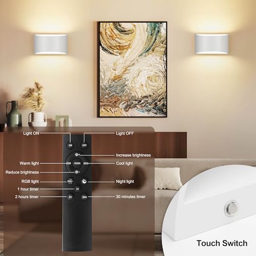 Image of TRLIFE Rechargeable Battery Operated Wall Sconces, Remote Control Dimmable Wall Sconce and 3CCT Touch Control Rechargeable Wall Lights Wall Mounted Light for Bedroom Hallway(White,2P)