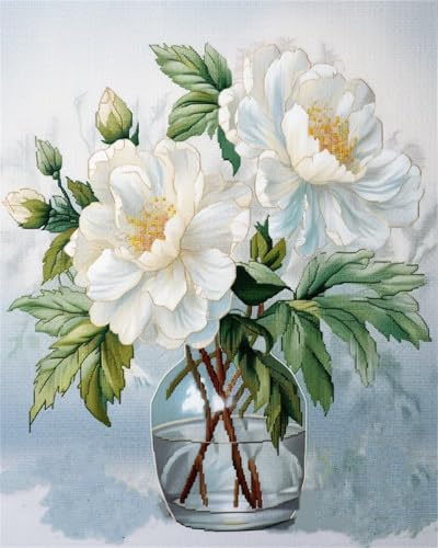 Kit Complet Broderie Point De Croix Pivoines Blanches Motif Décoration Murale Débutant