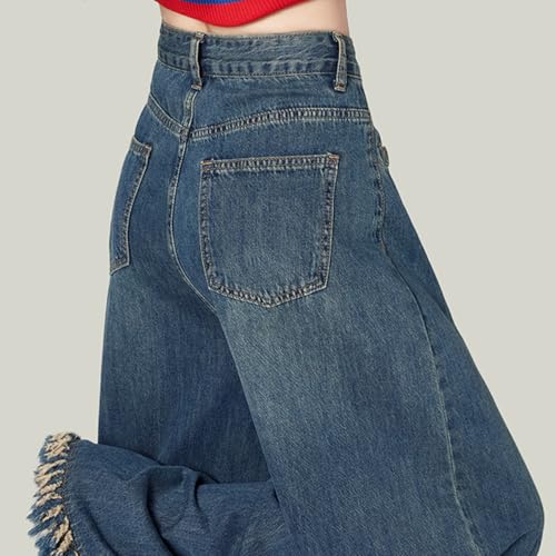 Women's Fashion High Waist Baggy Jeans Y2K Vintage Flare Fringe Leg Casual Wide Leg Flowy Denim Pants4