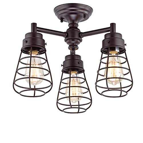 Image of Dazhuan Vintage Metal Cage 3-Light Ceiling Light Chandelier Semi Flush Mount Lamp, Oil Rubbed Bronze