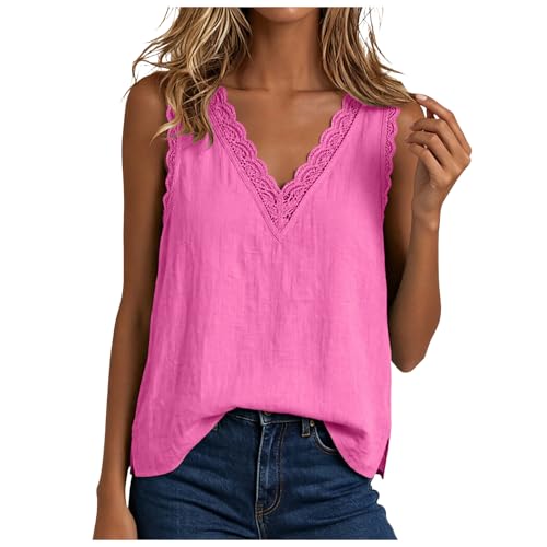 Crop top femme coton lin avec dentelle, tee shirt sans manches col V