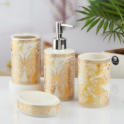 Image of SaSaSa Ceramic Bathroom Accessories Set of 4 Modern Bath Set with Soap Dispenser & Toothbrush Holder, Luxury Home & Gift Idea, Gold (10378)