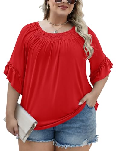 Image of Micoson Womens Plus Size Tops 3 /4 Ruffle Sleeve Crewneck Pleated Shirts
