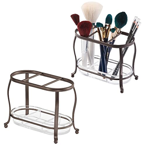 mDesign Decorative Makeup Brush Storage Organizer Tray Stand for Bathroom Vanity Counter Tops, Dressing Tables, Cosmetic Stations - 3 Sections with Removable Bottom Tray - 2 Pack - Bronze/Clear