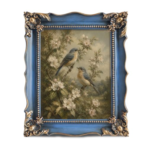 Image of Saysmile 8x10 Vintage Picture Frame with Embossed Flower Design, Green Ornate Frame for 8x10 or 5x7 Pictures with White Mat, Hand-Crafted Resin Antique Frames for Tabletop & Wall Hanging, Home Decor (Blue)