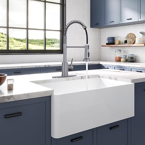 Image of HGN Kitchen Faucet with Pull Down Sprayer, Commercial Single Handle Spring Kitchen Sink Faucets for Farmhouse Camper Laundry Utility Rv Wet Bar Sinks Grey