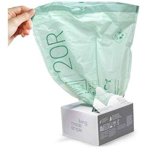Home Zone Living 5.28 Gallon Compost Kitchen Trash Bags with Drawstring Handles, BPI-Certified Eco Friendly, Heavy Duty Custom Fit for 20L Recycling Trash Can Liner, Code 20R, 60 Count, Green Cover