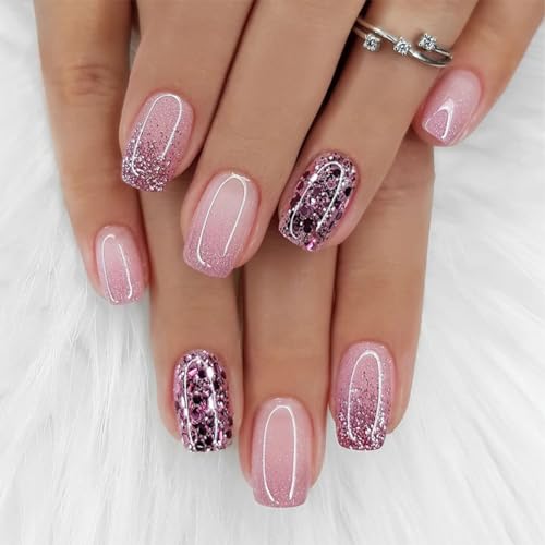 24 Pièces Carrés Faux Ongles Court, French Violet Brillant Press on Nails à Coller - Autocollants pour Femme et Fille Nail Art, Couverture Complète...