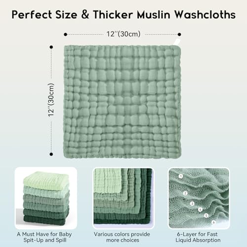 Image of Unnivoll Muslin Burp Cloths Baby 12''X12'', Baby Washcloths 6 Pack, 100% Cotton Baby Wash Cloths Absorbent and Soft for Newborn Infants Kids Boys Girls - Gradient Green