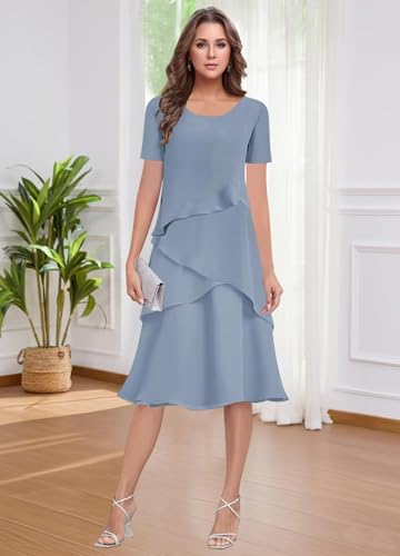 Chiffon Tea Length Mother of The Bride Dresses for Women Scoop Neck Ruffles Midi Evening Formal Dress with Sleeves3