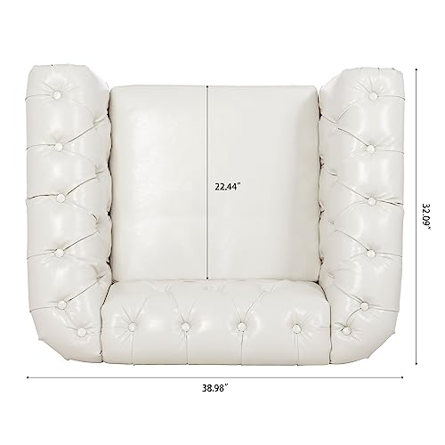Image of LEVNARY Leather Upholstered Armchair, Mid-Century Modern Single Sofa Chair with Rolled Arms and Nailhead, Tufted Pu Leather Chesterfield Chair for Home Bedroom Reading Room (Cream White)