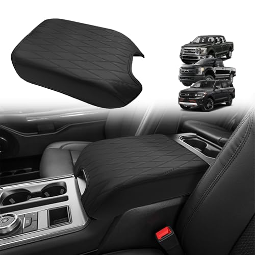 Muslogy Center Console Armrest Cover Fit for Ford F150 2015-2020&F250 F350 F450 2017-2022&Expedition 2018-2024 Accessories Armrest Pad Console Lid Cushion Vegan Leather Regular Thick (Bucket Seat V2)