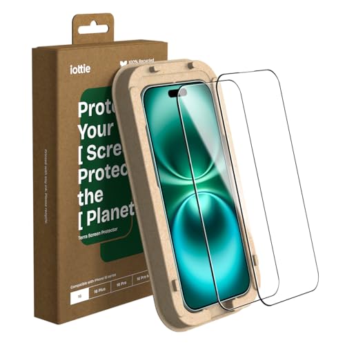 iOttie Terra iPhone 16 Tempered Glass Screen Protector Military Grade 9H Hardness Shatterproof Scratch Resistant, Edge to Edge Protection Easy Bubble Free Install, 2 Pack