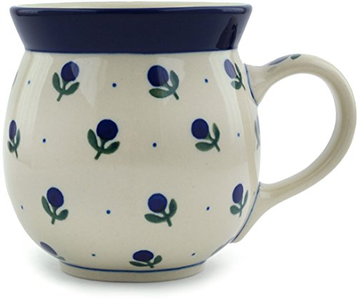 Ceramika Artystycznaによるポーランドのボレスワヴィエツで手作りされた本物のポーランド陶器バブルマグ16オンスブルーバッドデザイン + 鑑定書付き