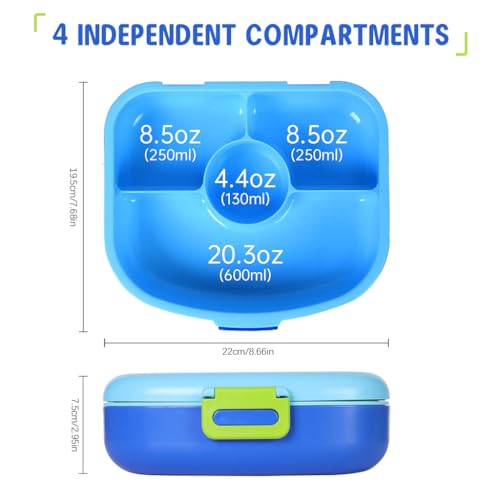 Image of Supvox Kids Lunch Box - Bento Box with 4 Compartments 1300 ML ABS and Steam Heating Compatible with School Tiffin Box for Boys Girls Leak Proof Portable Food Container (Blue)