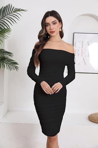 Image of Fooullaide Women's Sexy Off Shoulder Sleeveless Bodycon Ruched Midi Dress | Stretchy, Breathable, Mesh, Not See-Through, Elegant,Formal Gown, Cocktail, Evening, Party, Night Out Tube Dresses