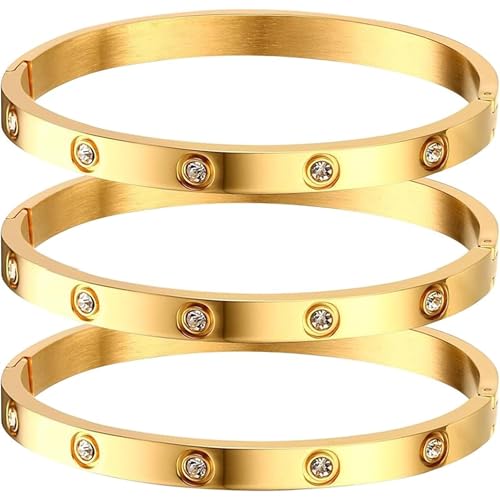 Generic Gold Bracelets for Women - 3Pcs 18K Gold Plated Love Friendship Bracelet with Cubic Zirconia Stones Bangle Cuff Jewelry,Wedding Party Christmas Valentine's Day Birthday Gifts, standard