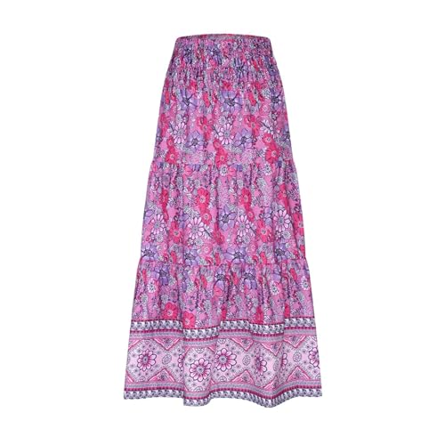Boho Floral Pleated Long Skirts for Women Summer Casual Elastic High Waisted Skirts A-Line Flowy Swing Maxi Skirt3
