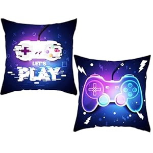 Set van 2 kussenslopen met videogamethema, mooie coole gamingpatronen, woorden, kussenslopen voor gamer, slaapbank, sierkussenslopen, decoratie, spelcontrollerpatronen, 45 x 45 cm