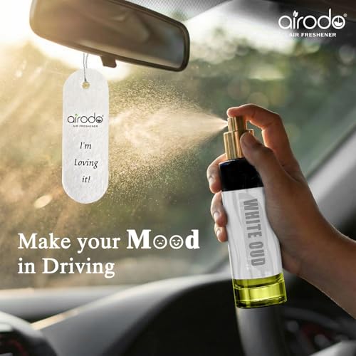 Image of Airodo White Oud Air Freshener Spray With Hanging Card|200 + Sprays, Long Lasting | Luxury Air Freshener For Air Interior| Air perfume (30ml,Pack of 1)