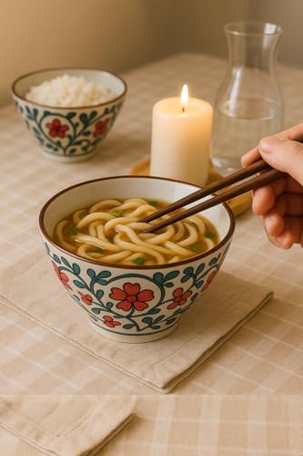 Image of YELONA Japanese Style Ceramic Bowls - 4.8 Inch (300ml), Set of 2 - Floral Design Rice /Noodle Bowls - Microwave & Dishwasher Safe, Ideal for Gifting Choice