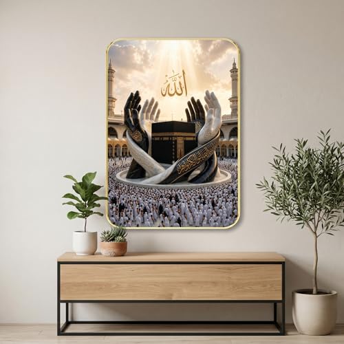 Image of SAF Islamic Allah Kaaba Dua Hands Wall Painting with Premium PVC Golden Frame, Makkah Mosque Religious Art, Muslim Home Decor for Prayer Room Living Room (13x19 Inch) MG-36041