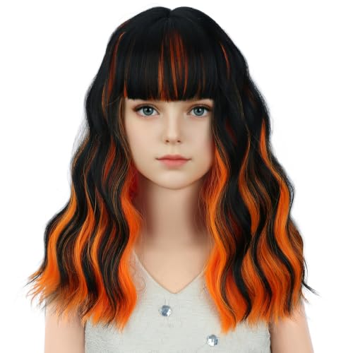 Image of Orange Mixed Black Wig Short Orange Black Wavy Curly Wigs Wig with Air Bangs Synthetic Cosplay Hair Wigs