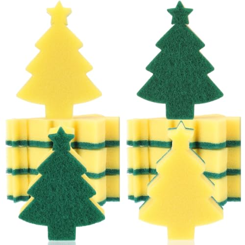 Image of Tioncy 12 Pack Christmas Tree Kitchen Sponges Bulk Green and Yellow