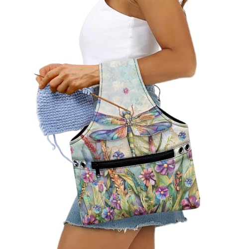 Image of KUIFORTI Dragonfly Crochet Bag Small Yarn Bags for Crocheting on The Go, Flower Crochet Hook Organizer Knitting Bags Canvas Crochet Bags and Totes