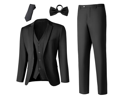 Men's Slim Fit 3 Piece Suits Set, Formal Business 2 Buttons Blazer Jacket Vest Pants with Tie & Bow Tie