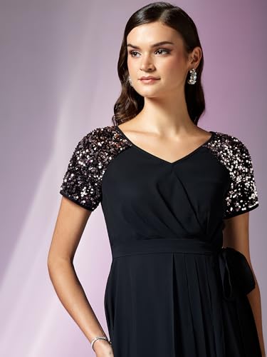 Image of Miss Chase Women's Round Neck Sleeve Embellished Fit Flare Maxi Dress