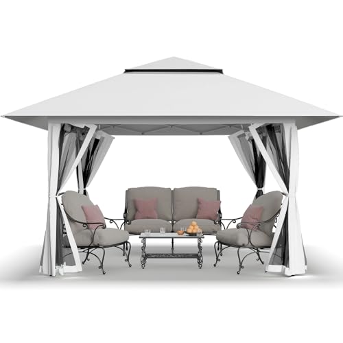CROWN SHADES 13x13 Pop Up Gazebo, Canopy Tent, Gazebos on Clearance - Outdoor Gazebo for Backyard & Patio Furniture - Carpa Pop Up Tent with Wheeled STO-N-Go Cover Bag (White)