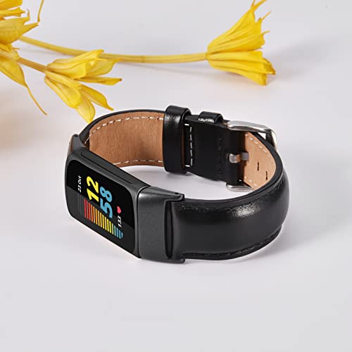 Image of QINGQING Leather Charge 5 Band, Compatible with Fitbit charge 5 bands for Women Girls, Genuine Leather Band Replacement Strap Wrist band for Fitbit Charge 5 Advanced Fitness & Health Tracker (Black)