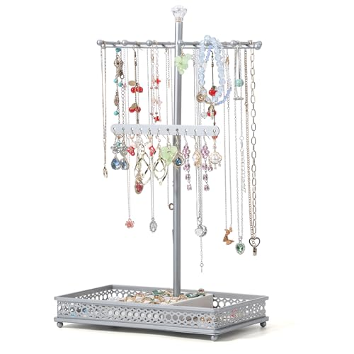Meangood Jewelry Organizer Stand, 15.6" H Jewelry Tree Display Holder Stand for Bracelets Necklaces Earrings Rings, Gift for Women Girls (Silver)