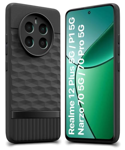 Image of WOW IMAGINE Back Cover for Realme Narzo 70 | Narzo 70 Pro | Realme 12 Plus | P1 5G with Hexa Cube Design | Ultra Slim Soft Case | Inner Velvet Fabric | Matte Silicone Flexible Mobile Case - Black