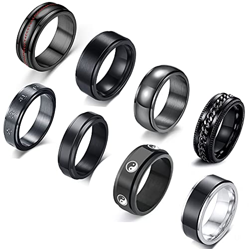 SAMOCO 8Pcs Stainless Steel Fidget Ring for Men Women Black Cool Chain Ring Spinner Band Ring Set for Wedding Promise Stress Relieving Promise Wedding Rings, Size 9