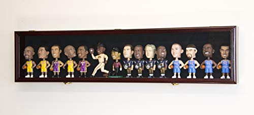 Horizontal Bobble Head Action Figures Doll Display Case Cabinet Wall Rack - Lockable (Cherry Wood Finish, Black Felt Background)