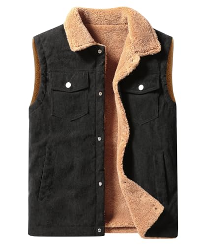 Oralidera Gilet sans Manches en Velours Côtelé pour Homme Gilet d'hiver Doublé en Polaire Chaud Gilets Rembourré avec Poches, Noir, XXL