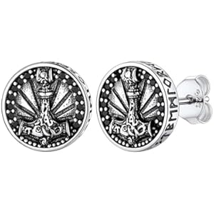 FaithHeart Viking Runes Stud Earrings for Men Silver/Black/Gold Stainless Steel Lightweight Earrings Retro Norse Mythology Jewelry with Gift Box Black Onyx-Front Runes-Sterling Silver